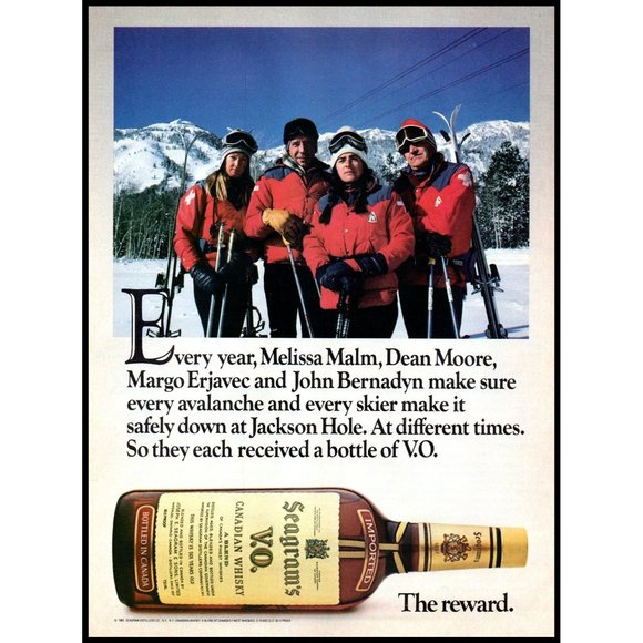 1985 Seagram's VO Canadian Whisky Vintage Print Ad Ski Patrol Jackson Hole Art - Picture 1 of 1